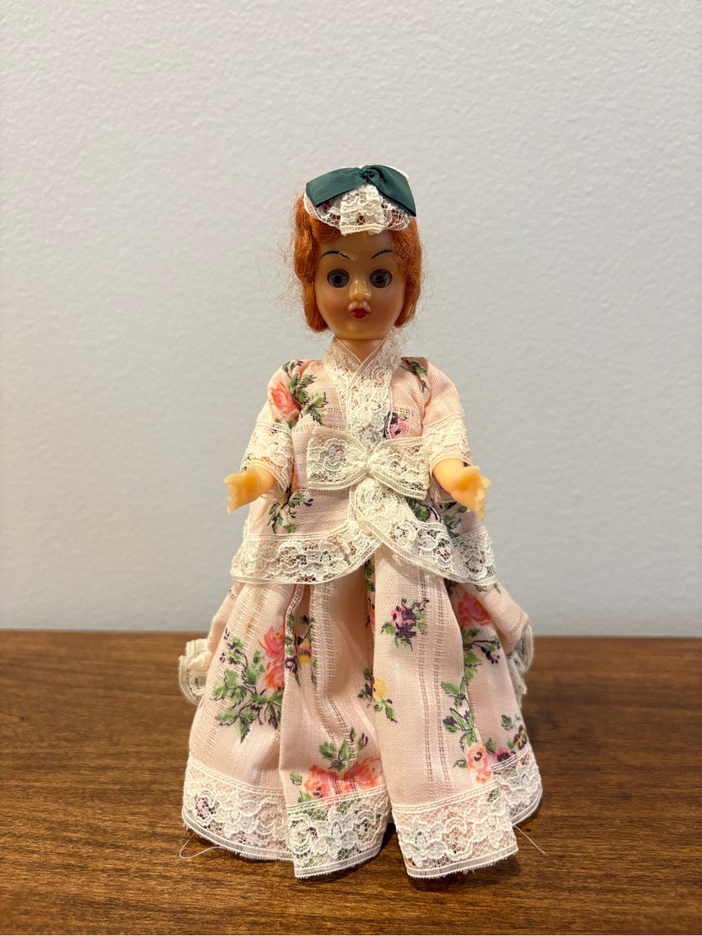 Vintage Doll W/Handmade Dress & Crocheted Hat Eyes/Arms Move Red Hair 7.5”